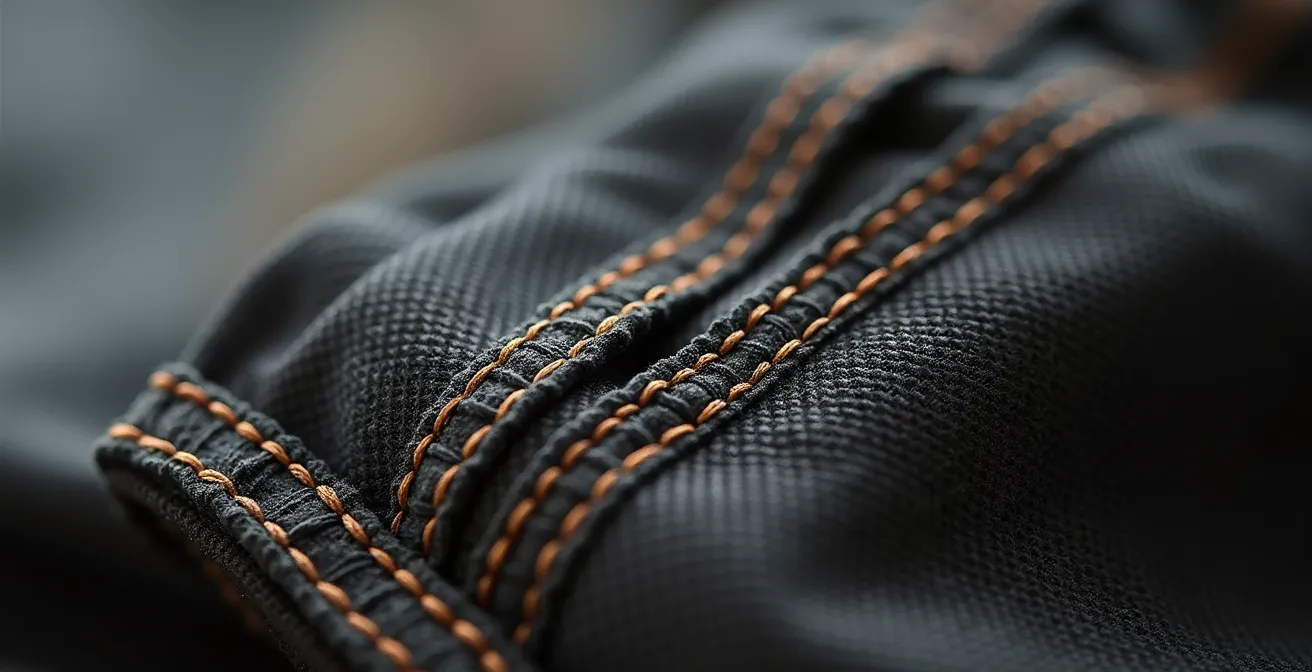 Gros plan macro sur une couture triple renforcée avec points d'arrêt bar tacks d'un pantalon de travail professionnel, montrant la texture du tissu technique et la qualité de construction
