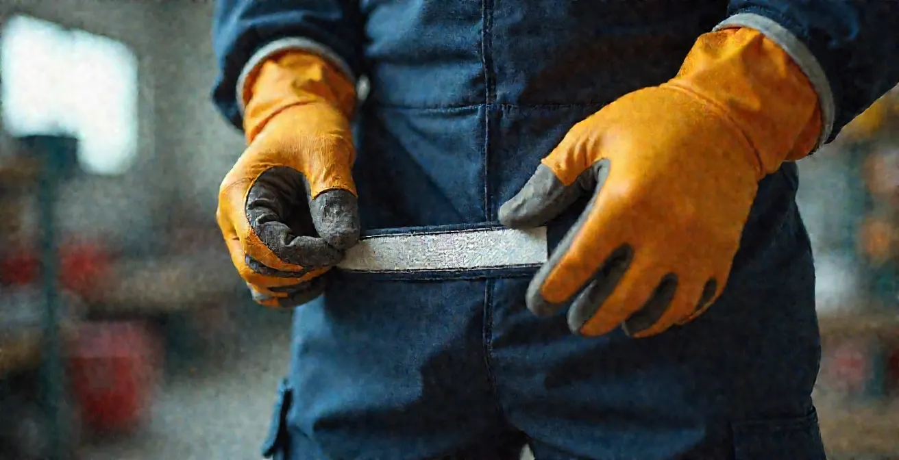Mains gantées d'un professionnel inspectant attentivement une bande rétroréfléchissante sur un pantalon de travail sous éclairage naturel, geste méticuleux exprimant le contrôle qualité