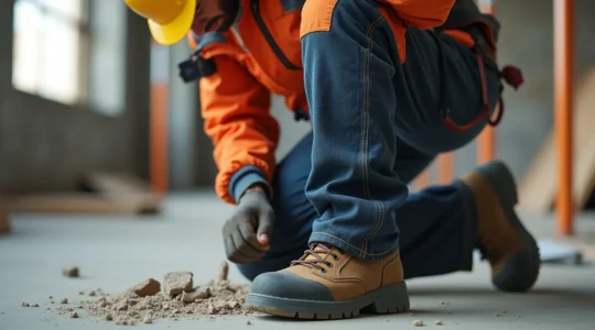 Professionnel du BTP portant un pantalon de travail avec genouillères, zones de renfort visibles et poches multifonctions, photographié sur chantier avec lumière naturelle
