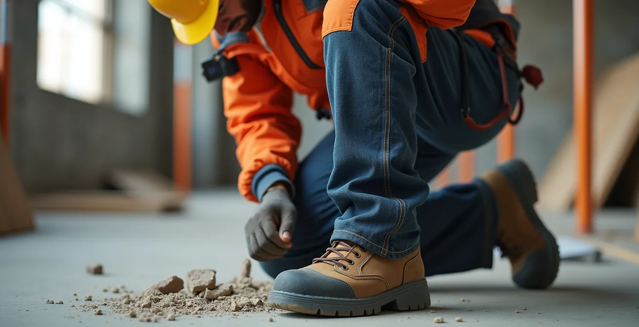 Professionnel du BTP portant un pantalon de travail avec genouillères, zones de renfort visibles et poches multifonctions, photographié sur chantier avec lumière naturelle