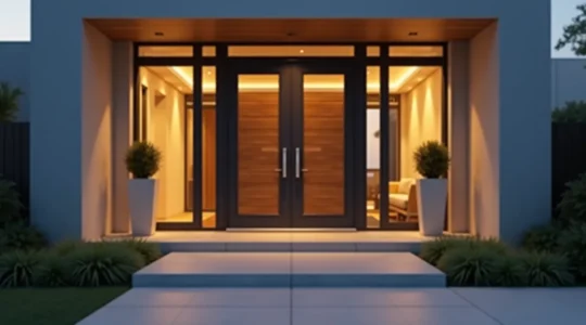 Une porte d'entrée sécurisée d'une maison moderne avec éclairage discret, symbolisant la protection du logement