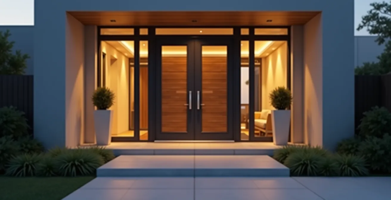 Une porte d'entrée sécurisée d'une maison moderne avec éclairage discret, symbolisant la protection du logement