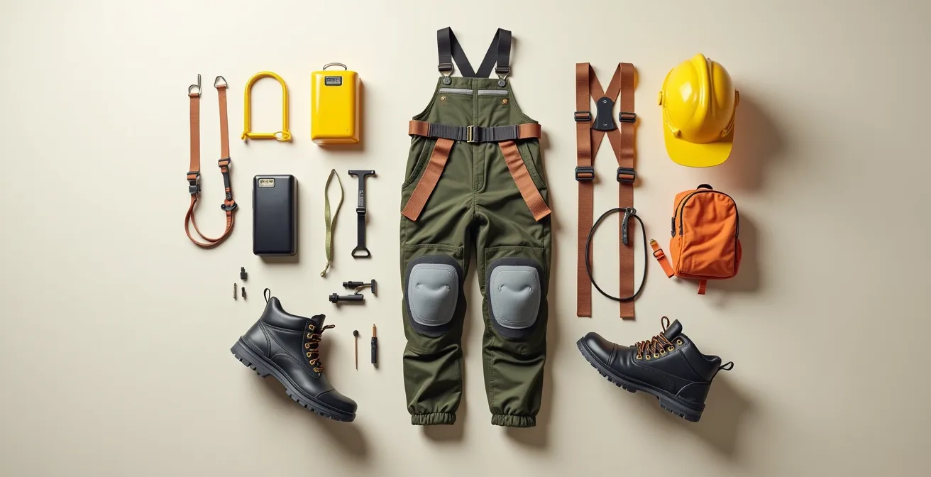Vue d'ensemble minimaliste d'équipements de protection individuels disposés harmonieusement sur une surface épurée, illustrant la compatibilité entre pantalon, chaussures de sécurité et harnais