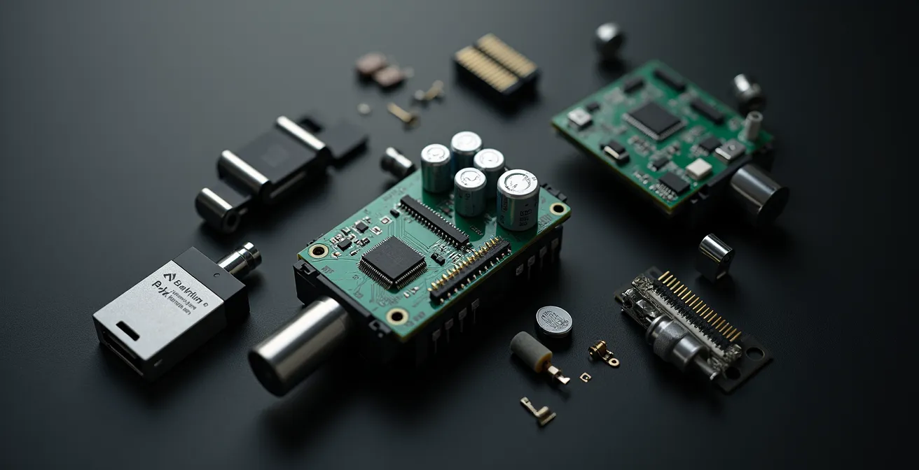 Vue éclatée des composants électroniques d'un cadenas biométrique montrant la batterie et les circuits