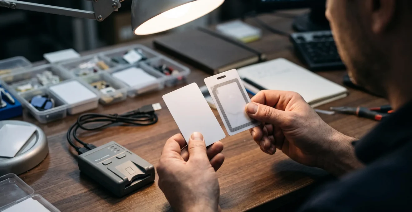 Les mains d'un technicien comparent deux badges RFID différents sur un plan de travail technique à côté d'un encodeur.