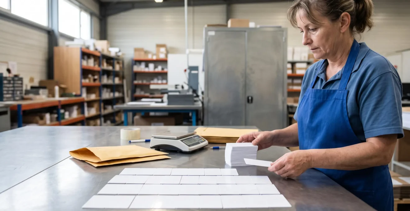 Une opératrice vérifie une pile de badges d'accès fraîchement produits sur une table inox dans un atelier de préparation logistique.