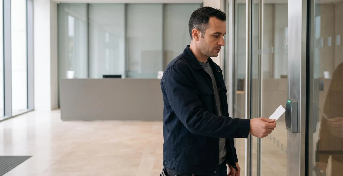 Un technicien présente un badge devant un lecteur RFID mural pour ouvrir une porte vitrée dans un hall de bureaux.