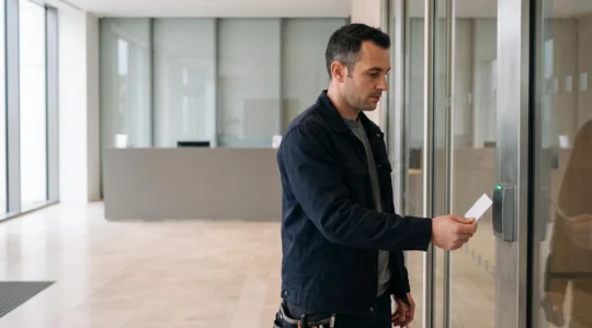 Un technicien présente un badge devant un lecteur RFID mural pour ouvrir une porte vitrée dans un hall de bureaux.