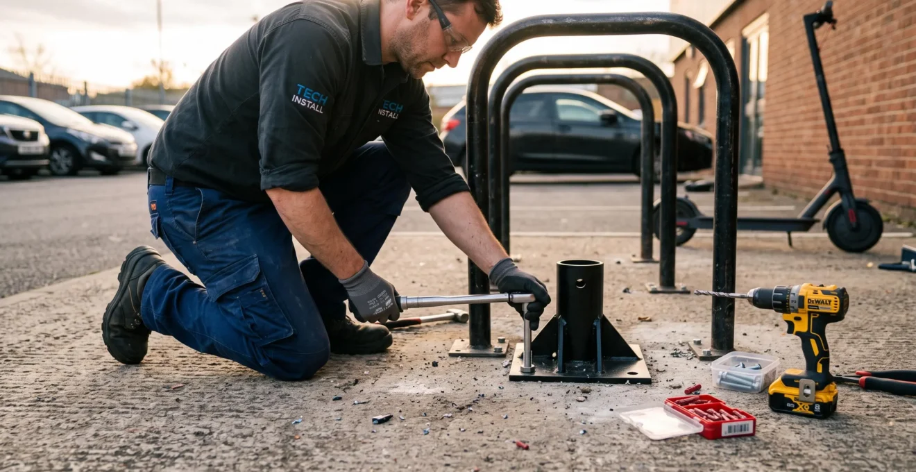 Un technicien fixe un rack métallique au sol du parking d'entreprise avec une clé dynamométrique.