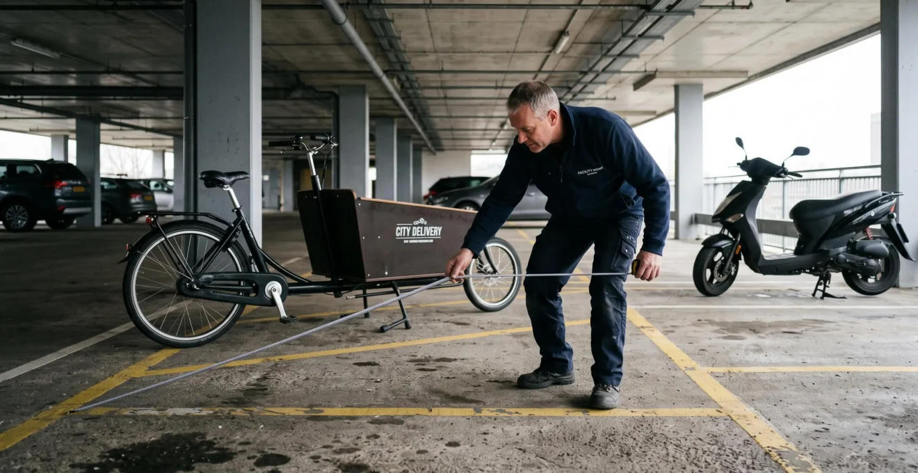 Un gestionnaire mesure la largeur d'une place de parking avec un vélo cargo garé.