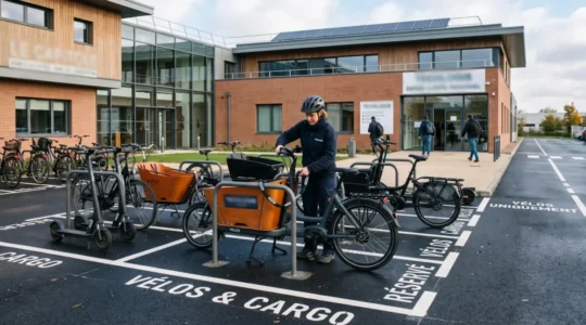 Un employé attache un vélo cargo dans un parking d'entreprise aménagé avec des racks.
